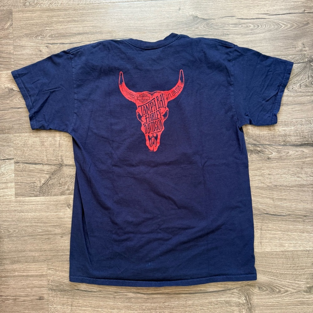 Harley Davidson Navy Blue T Shirt Steer Skull Patriotic USA Size Large Men